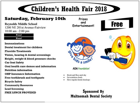 FREE DENTAL! Children's Health Fair 2018, Reynolds Middle School: Sat Feb 10, 2018 10AM-2PM. FREE Dental treatment, vision & hearing screening. Info here!